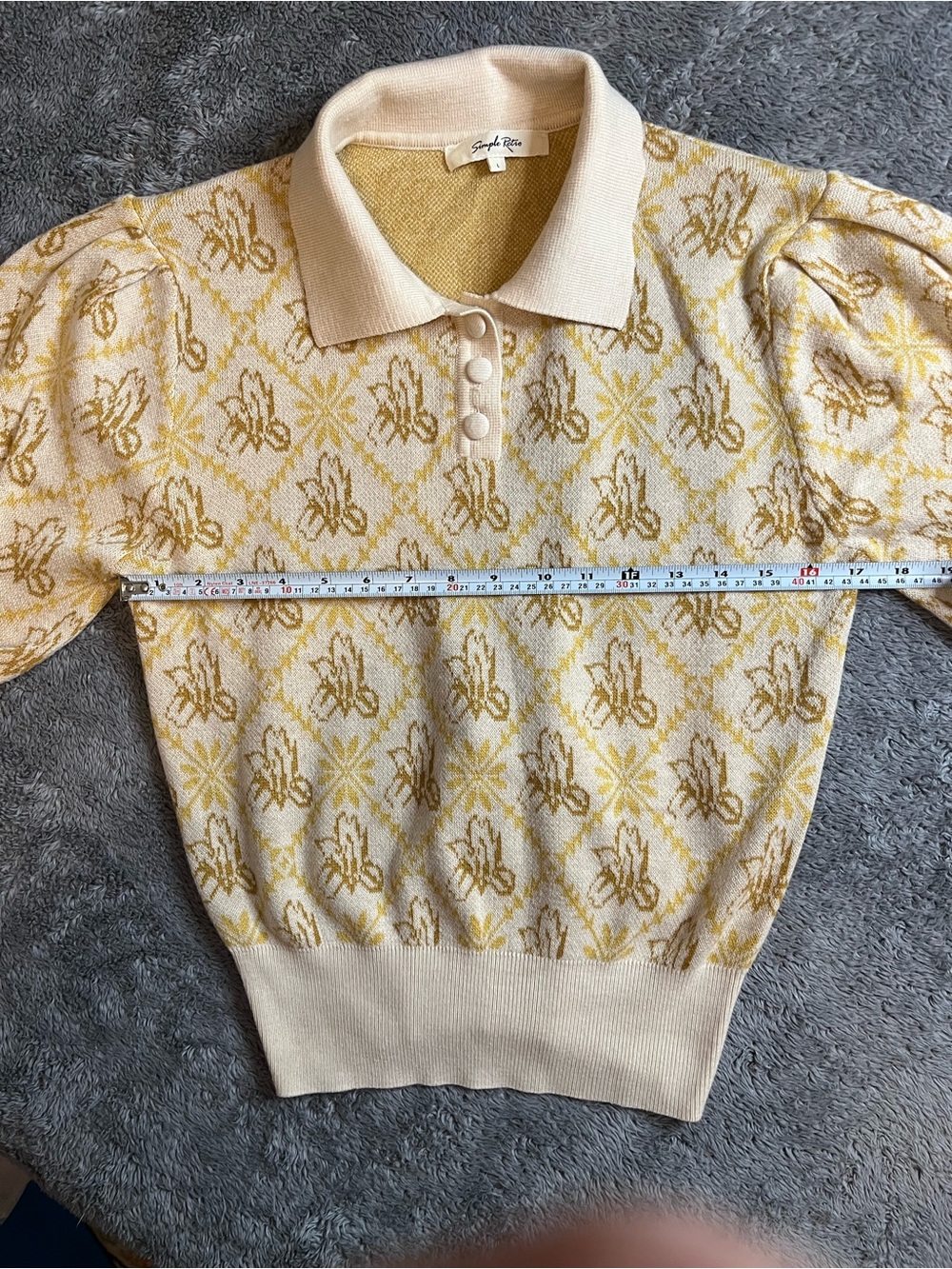 Simple Retro Cropped Sweater Floral Contrast Short Sleeve Women’s L - Picture 6 of 7